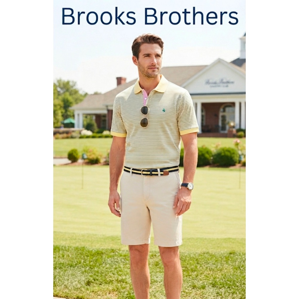 Brooks Brothers Mens Slim Fit Performance Polo Shirt Yellow Blue Stripe Cotton M